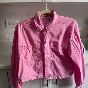 Zara Cropped Poplin Long Sleeve Shirt - Pink/Small